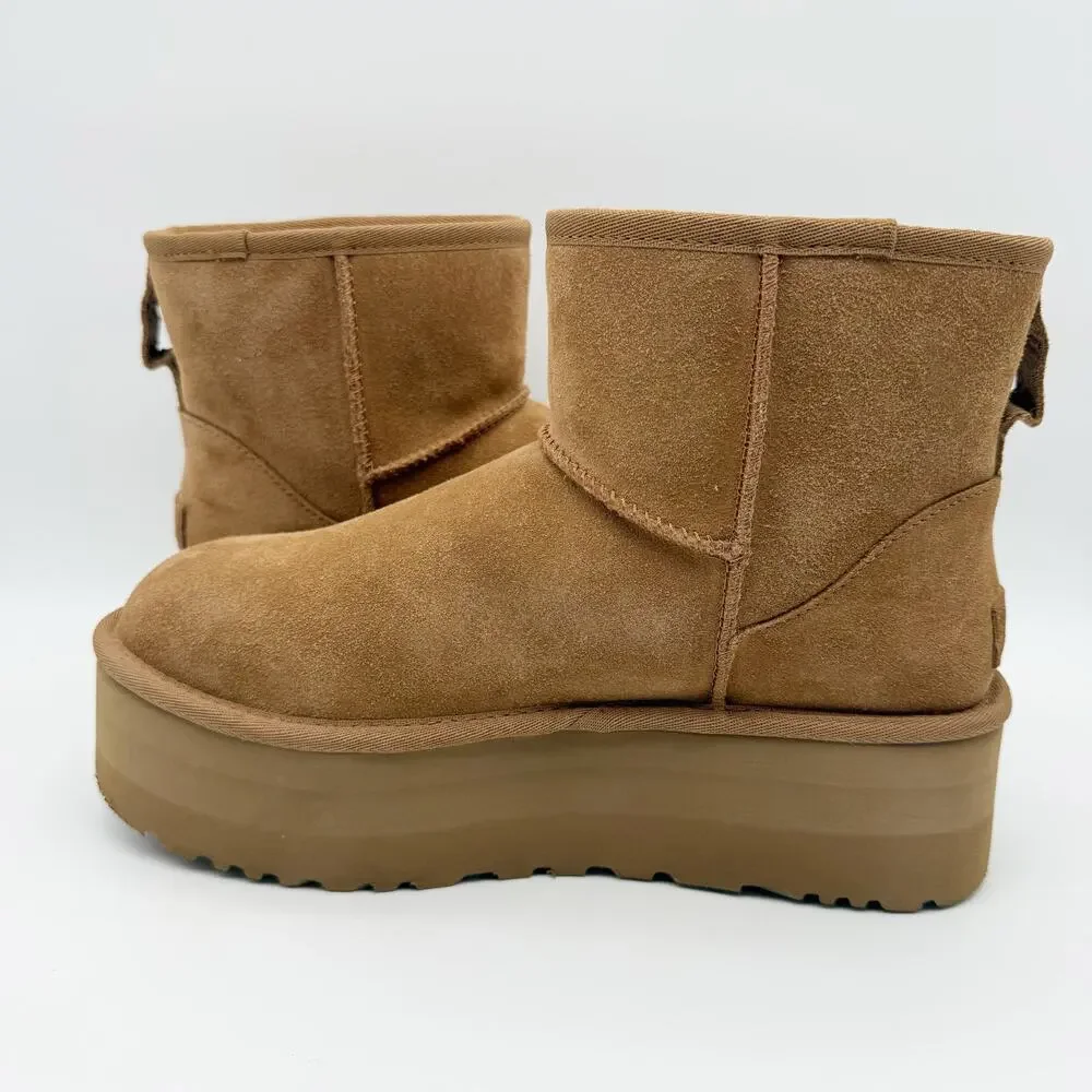 UGG Womens Classic Mini Platform Bootie US 9 EU 40 Chestnut Suede EUC